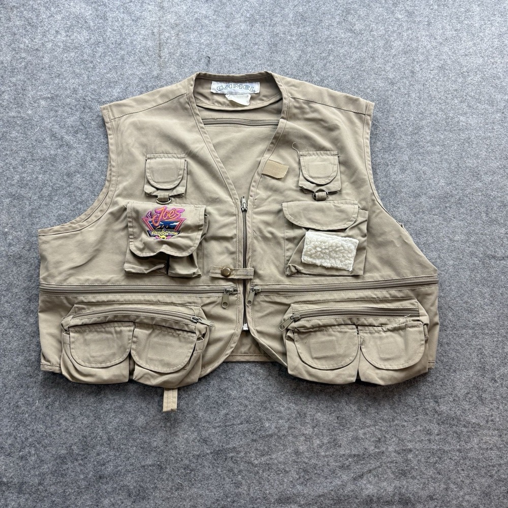 Vintage Camel Fishing Vest Mens XL Beige Joe's Fish & Game Pockets Zip Hunting